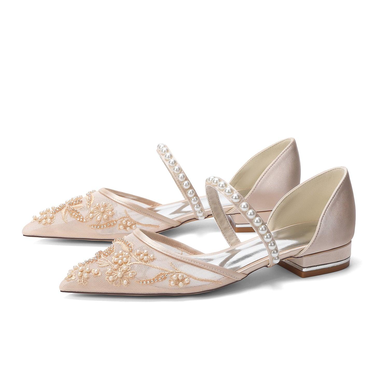 Lace Silk-Like Pearl Embroidered Mesh Flat Shoes CK0497 - 10 Days / Champagne / 35 - COCOMELODY